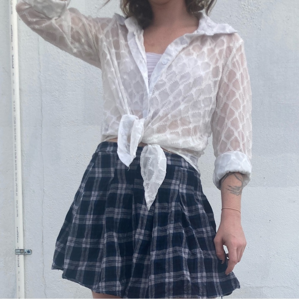 White Sheer Print Button Down